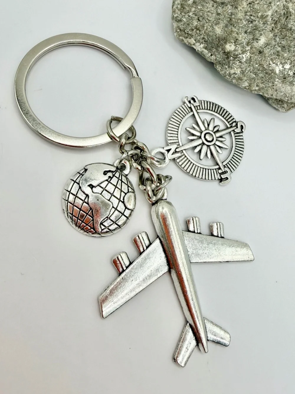 Silver Airplane Travel Keychain with Globe and Compass Charms